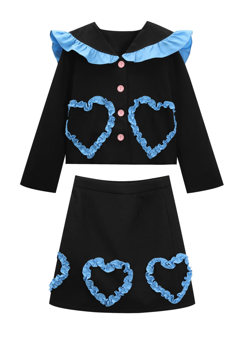 Black Sailor Collar Ruffled Top and Skirts Two Piece Set Fall