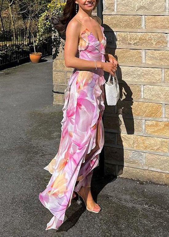 Purple Ruffled Print Cotton Spaghetti Strap Dress Summer