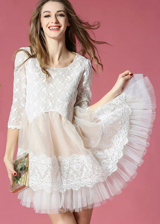 White Patchwork Lace Organza Day Dress O-neck Exra Large Hem Summer