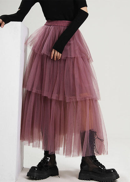 Style Purple High Waist Patchwork Tulle Skirts Spring