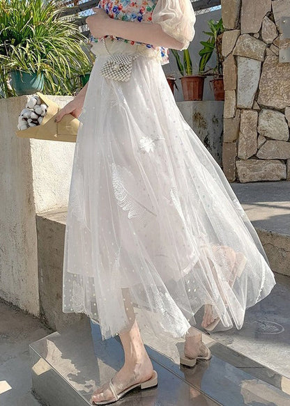 White Feathers Embroidered Elastic Waist Tulle Skirt Summer