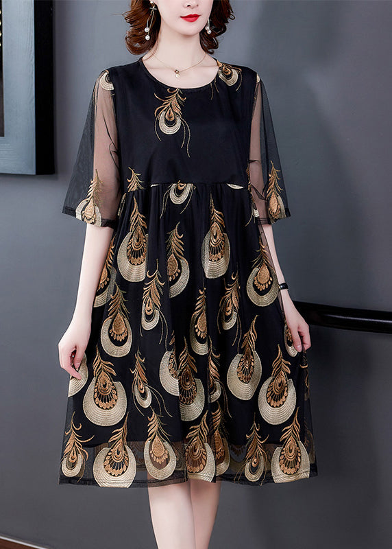 Black Embroidered Tulle Patchwork Wrinkled Chiffon Dress Half Sleeve