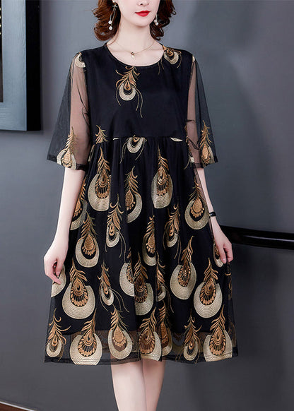 Black Embroidered Tulle Patchwork Wrinkled Chiffon Dress Half Sleeve