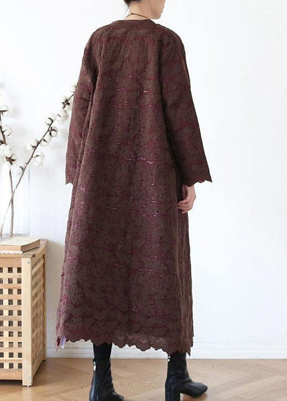 Unique Coffee Retro Jacquard Pockets Fall Coats Long Sleeve