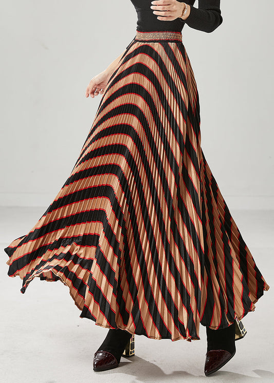 Coffee High Waist Striped Spandex Pleated Skirts Spring