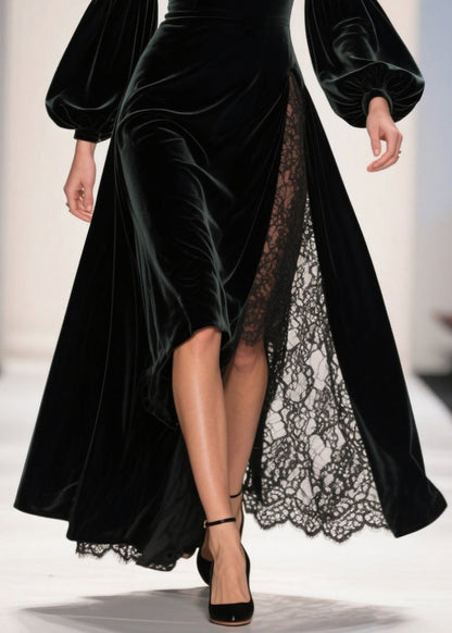 Square Collar Lace Patchwork Velvet Ankle Dress Fall