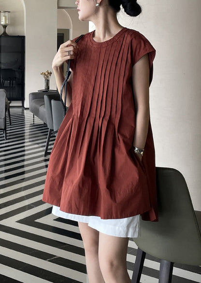 Terracotta Comfortable Fabric Pleated Shirt Sleeveless