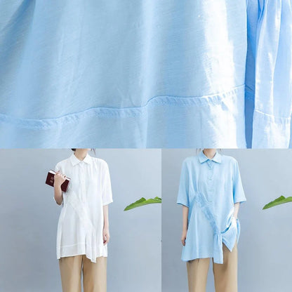 Handmade Light Blue Blouse Lapel Half Sleeve Midi Blouses