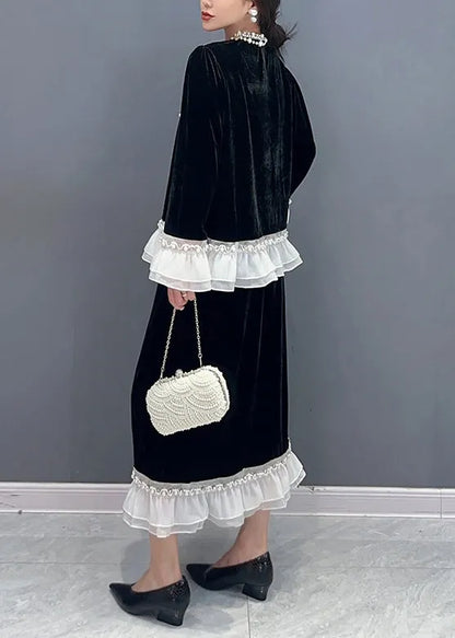 Classy Black O-neck Ruffled Tops and Skirts Velour Two Pieces Set Fall