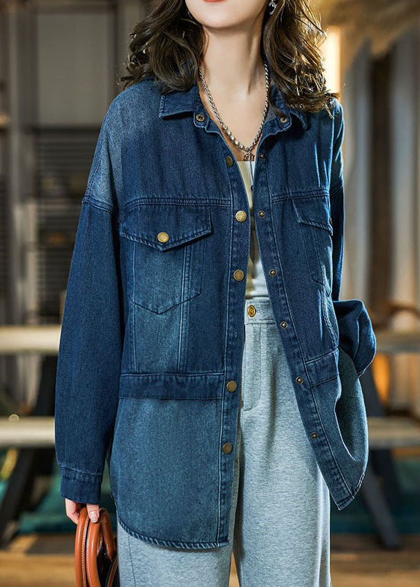 Blue Peter Pan Collar Pockets Patchwork Cotton Shirts Top Fall