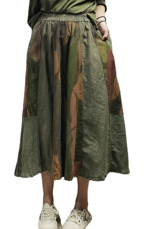 Green Elastic Waist Pockets Print Patchwork Linen Skirts Spring