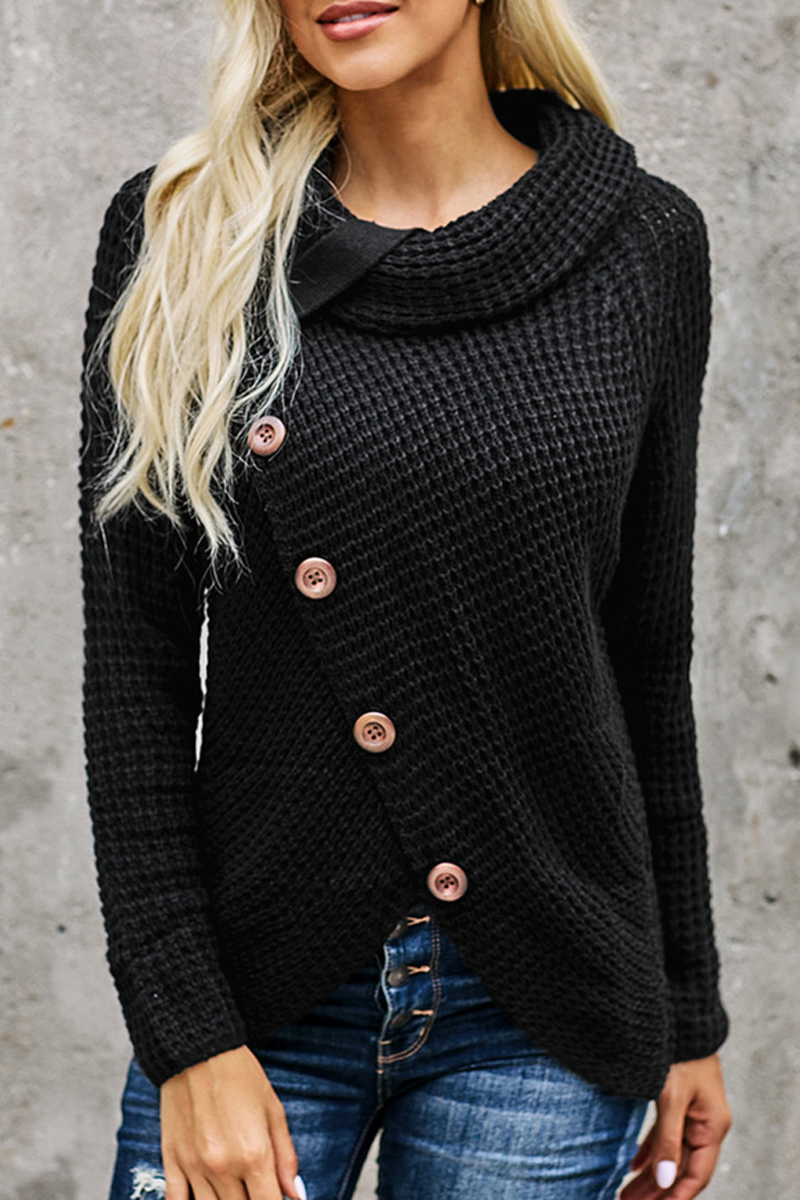 Turtleneck Button Irregular Hem Sweater