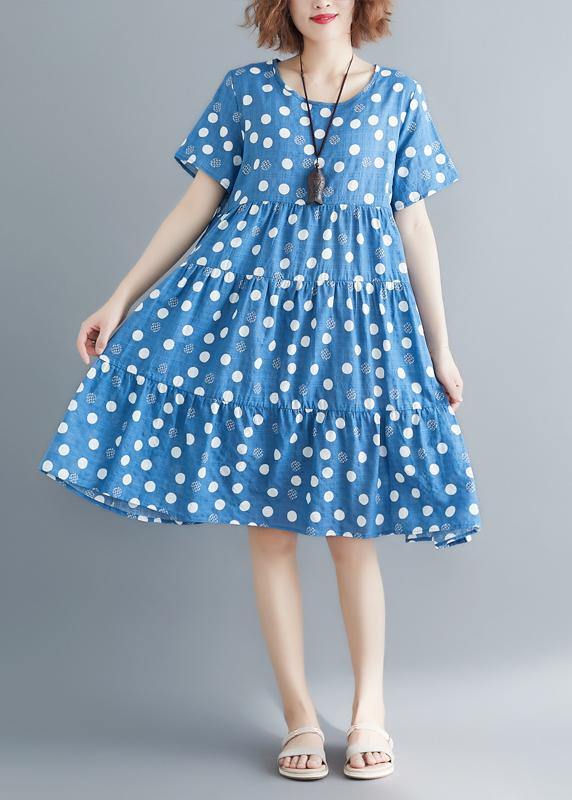 O Neck Cinched Cotton Linen Blue Print Dresses Summer