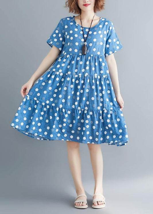 O Neck Cinched Cotton Linen Blue Print Dresses Summer
