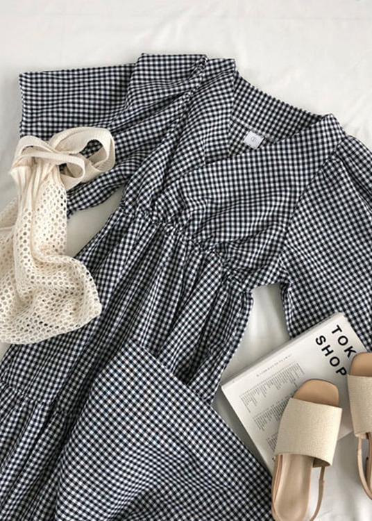 Style V Neck Ruffles Linen Cotton Summer Quilting Dresses Work Plaid Dress