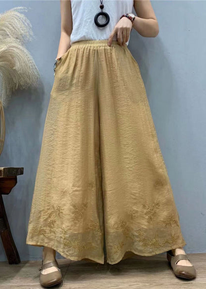 Purple Embroidered Elastic Waist Linen Silk Wide Leg Pants Summer