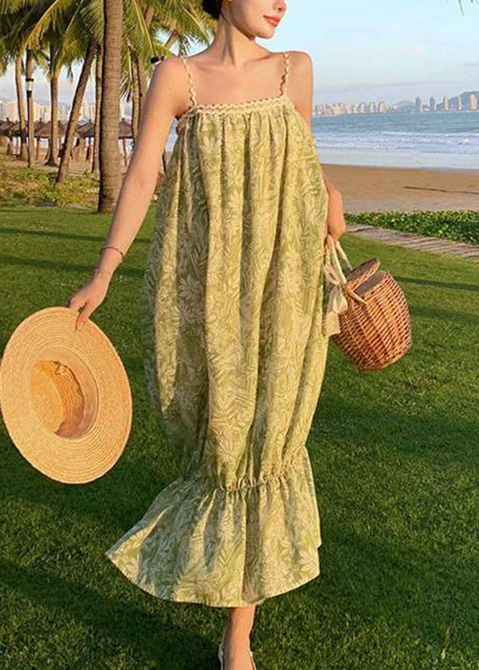 Green Print Cotton Spaghetti Strap Dress Summer