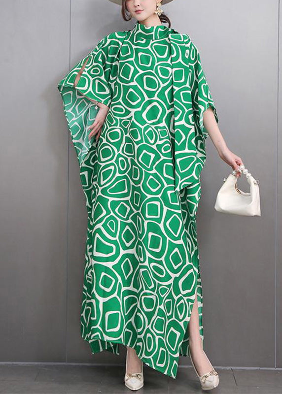 Green Turtleneck Print Side Open Party Maxi Dress Summer