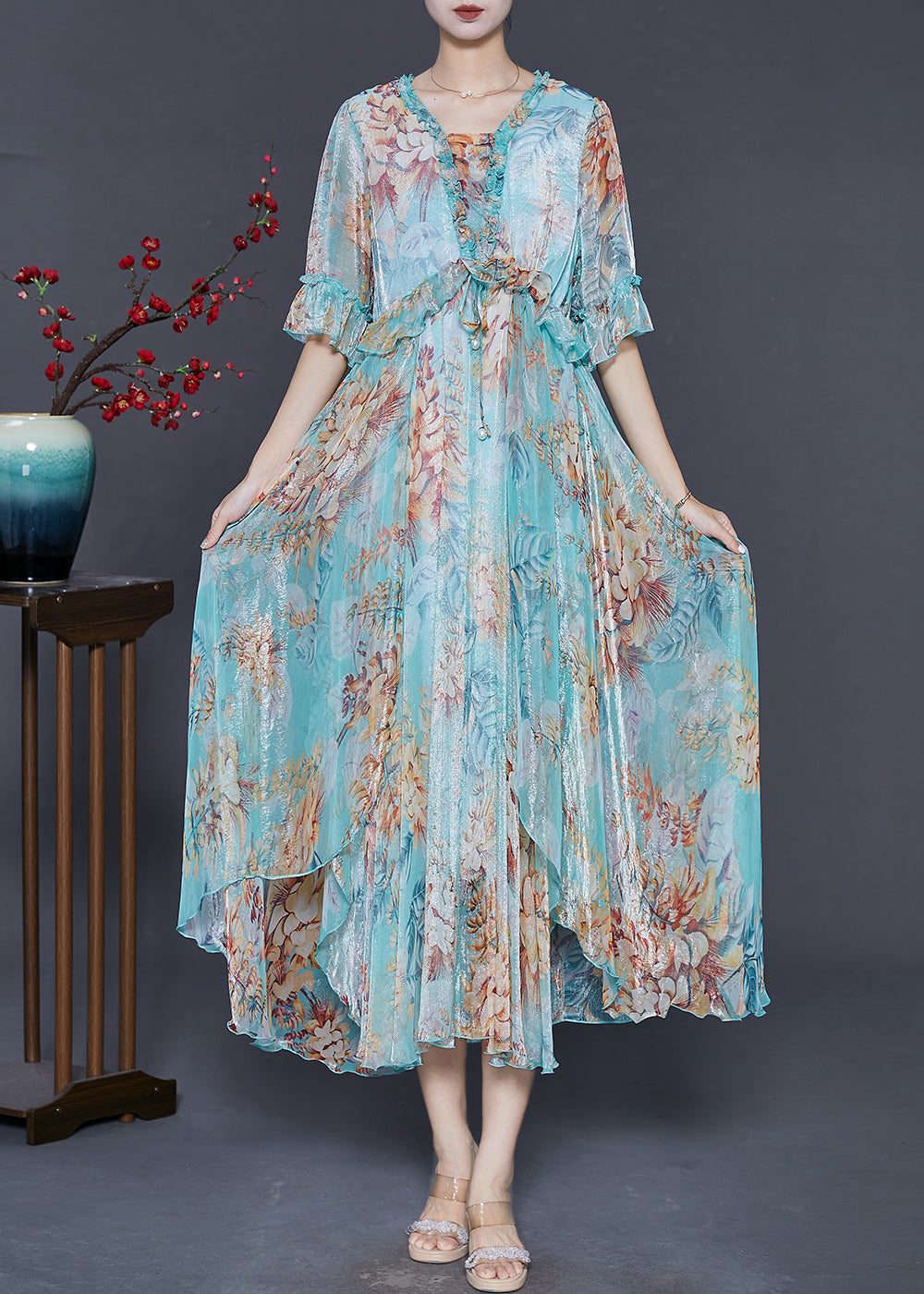 Blue Ruffled Print Silk Ankle Dress Summer