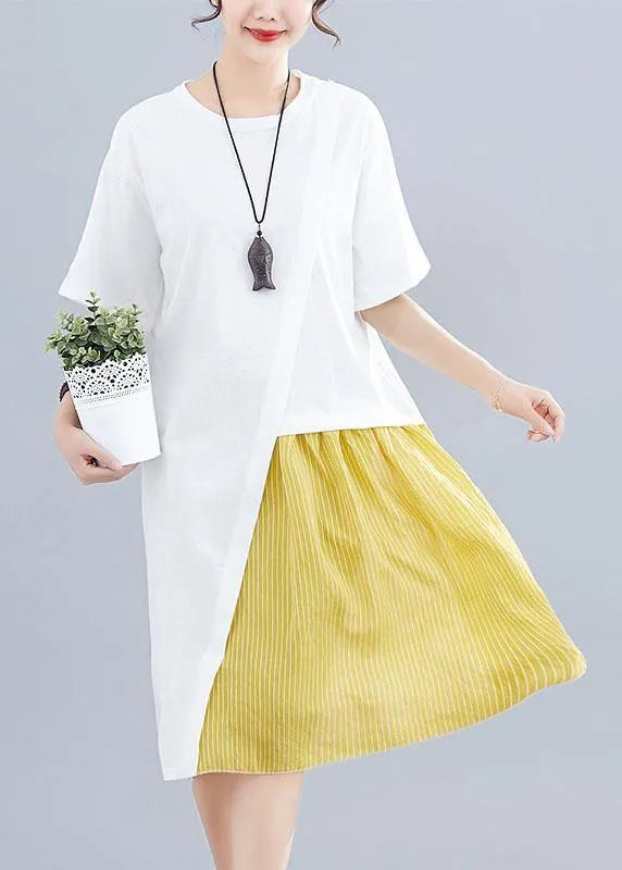 Patchwork O Neck Linen Dresses Sewing White Dresses Summer