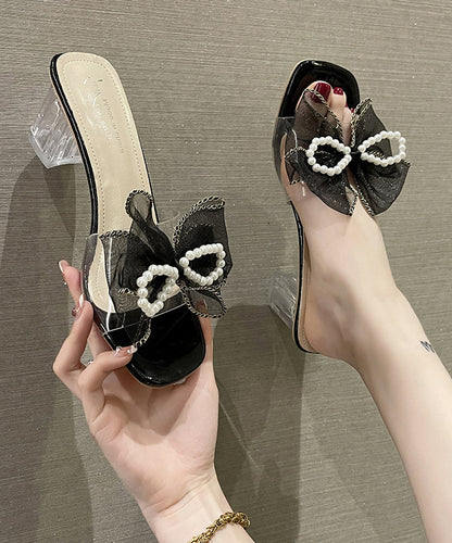 Beige Chunky Heels Diy Bow Pearl Splicing Slide Sandals