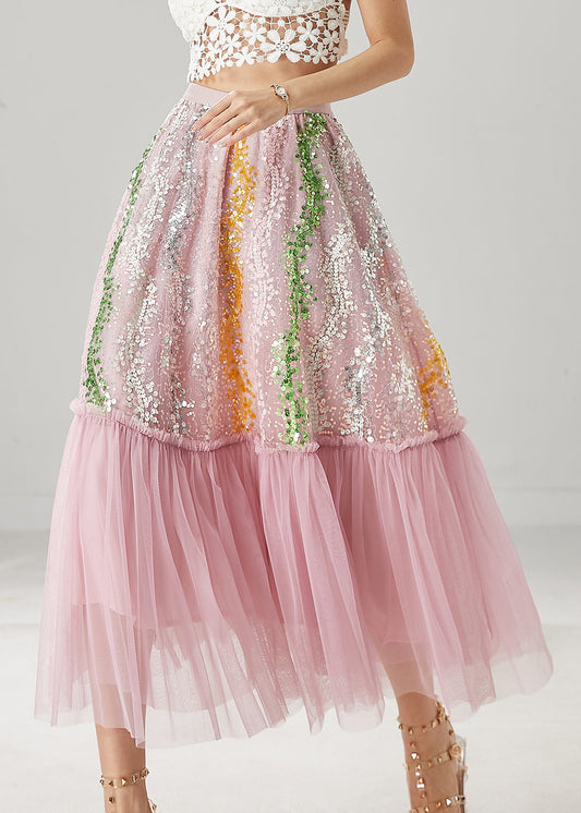 Pink Sequins Patchwork Tulle Skirts Spring
