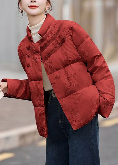 Red Stand Collar Jacquard Duck Down Puffers Jackets Winter