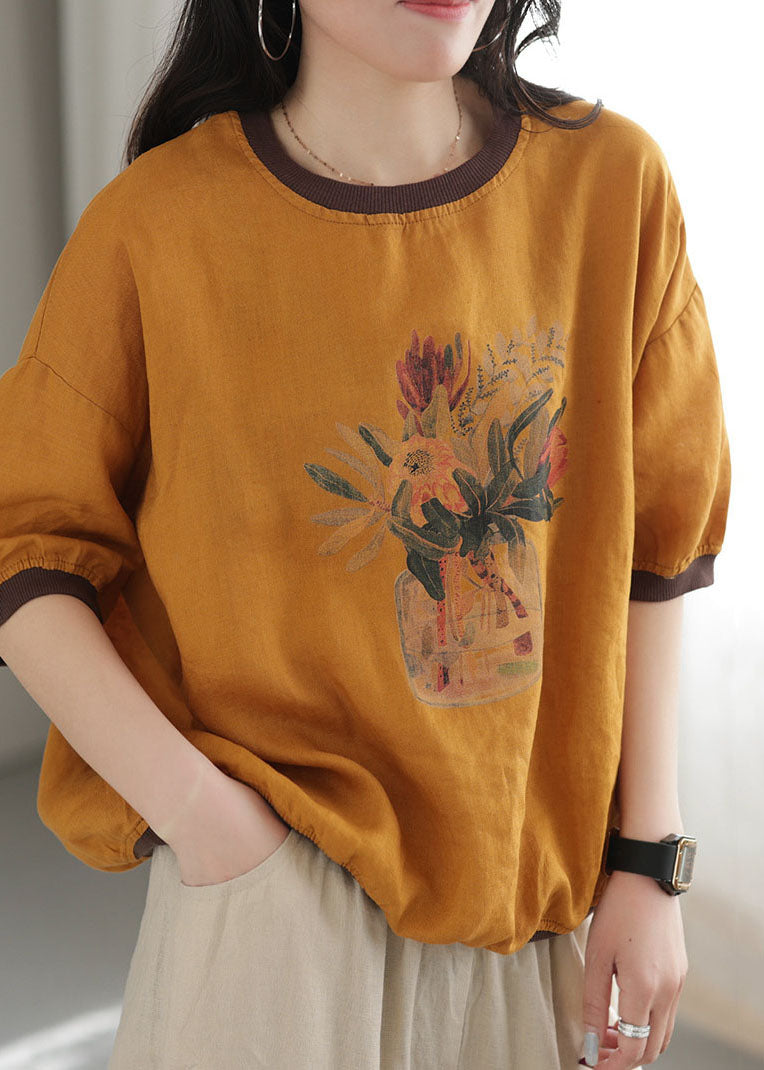 Yellow Oversized Patchwork Print Linen Tank Tops Short Sleeve