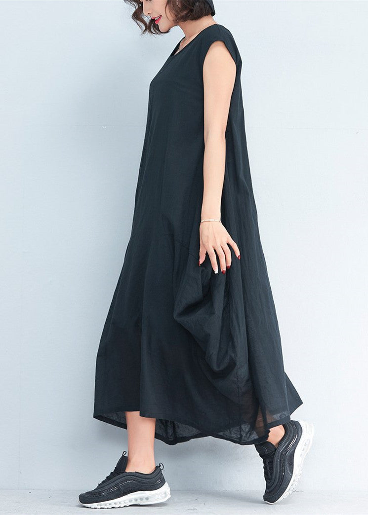 Black Natural Cotton Polyester Dress Oversize Sleeveless Traveling Dress Kaftans