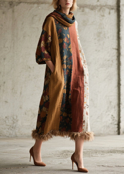 Mixed Color Patchwork Faux Fur Ankle Dress Oversized Fall