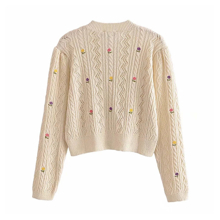 Flower Embroidery Round Neck Knitted Sweater Cardigan Coat 7303