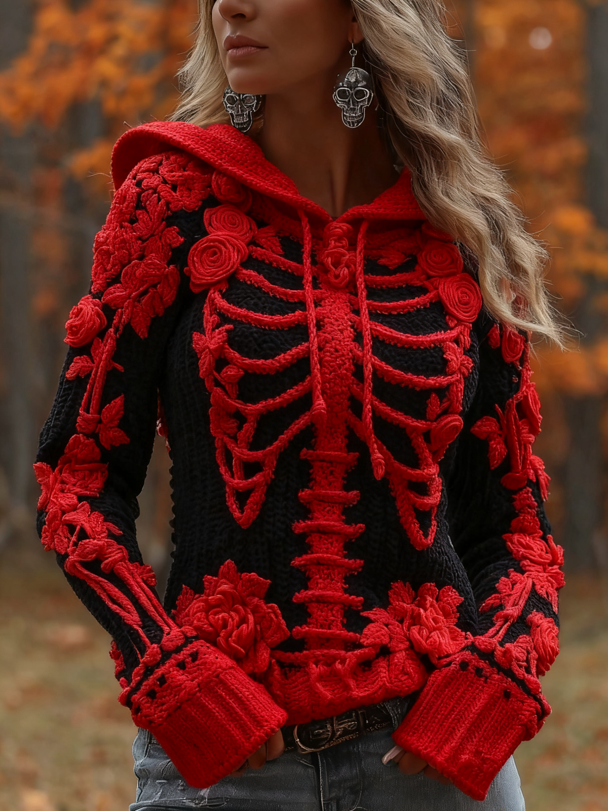 Women's Halloween Skeleton Bones With Roses Art Knitted Warm Hooded Sweater artswardrobe