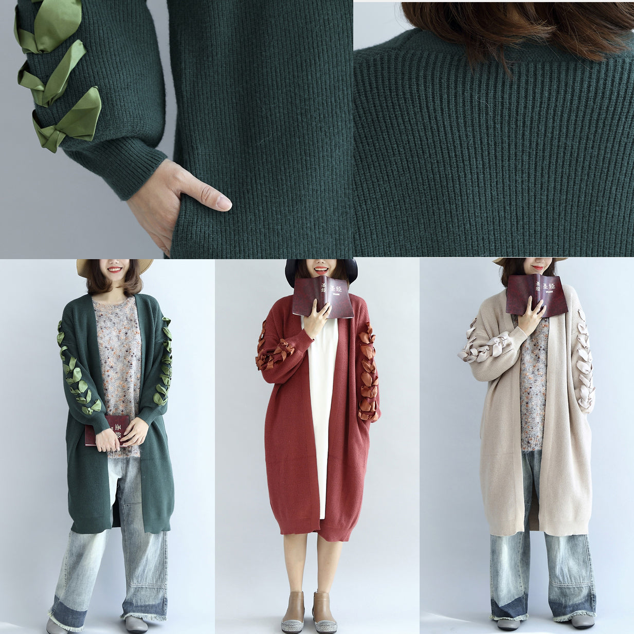 Winter Nude Long Knit Coats Cardigans Sweater Outwear Ribbon Details