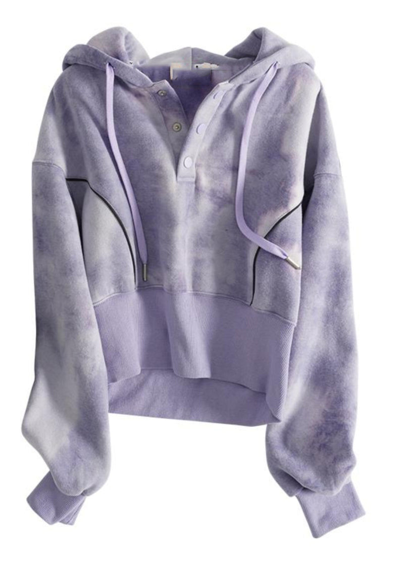 Grey Tie Dye Drawstring Hooded Sweatshirts Top Fall