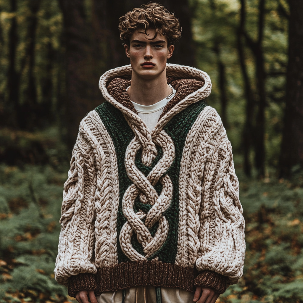 Men's Vintage Celtic Knot Knit Cozy Hooded Sweater elevenforest