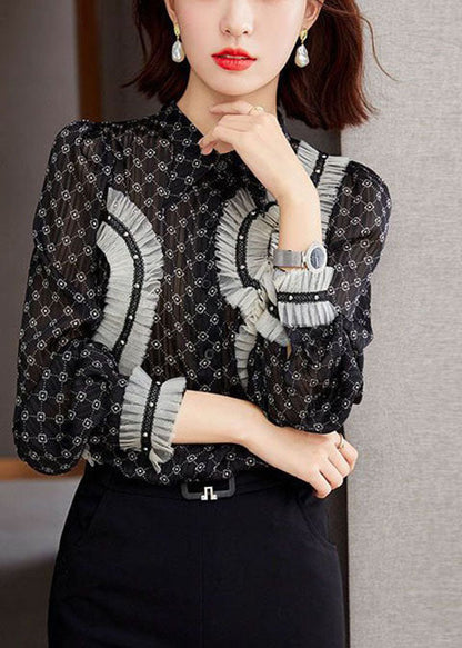 Black Stand Collar Ruffled Patchwork Print Chiffon Shirts Long Sleeve