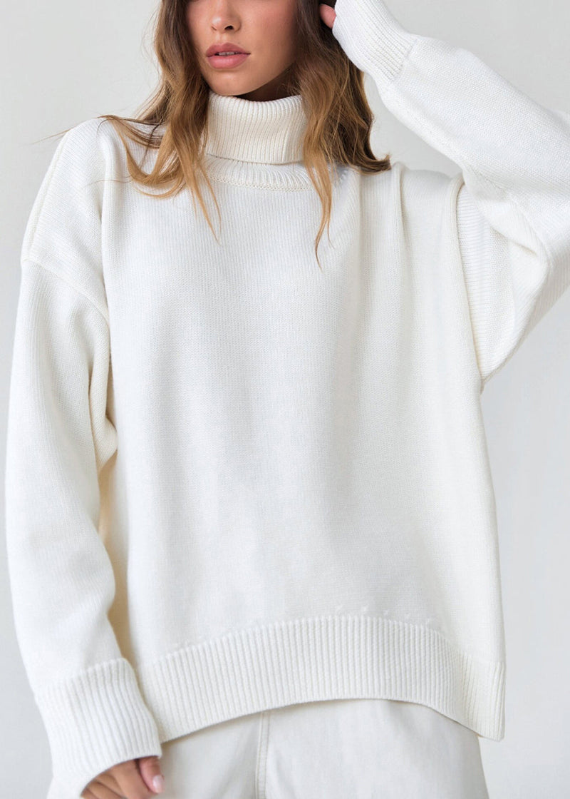 Simple Loose White Hign Neck Thick Knit Sweaters Fall