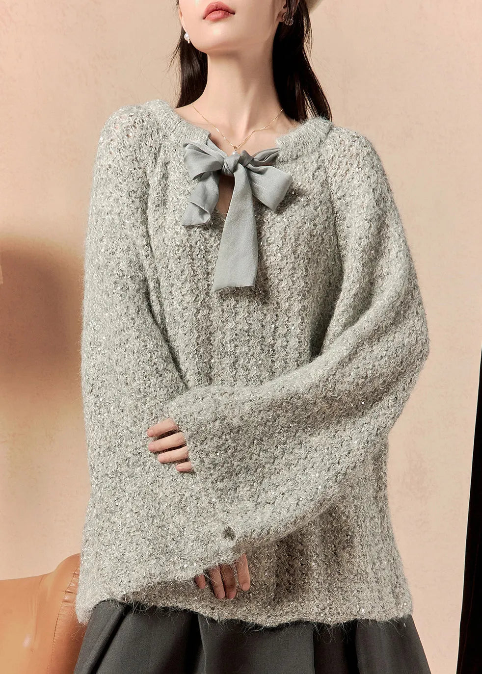 Loose Grey Lace Up Knit Sweaters Flare Sleeve