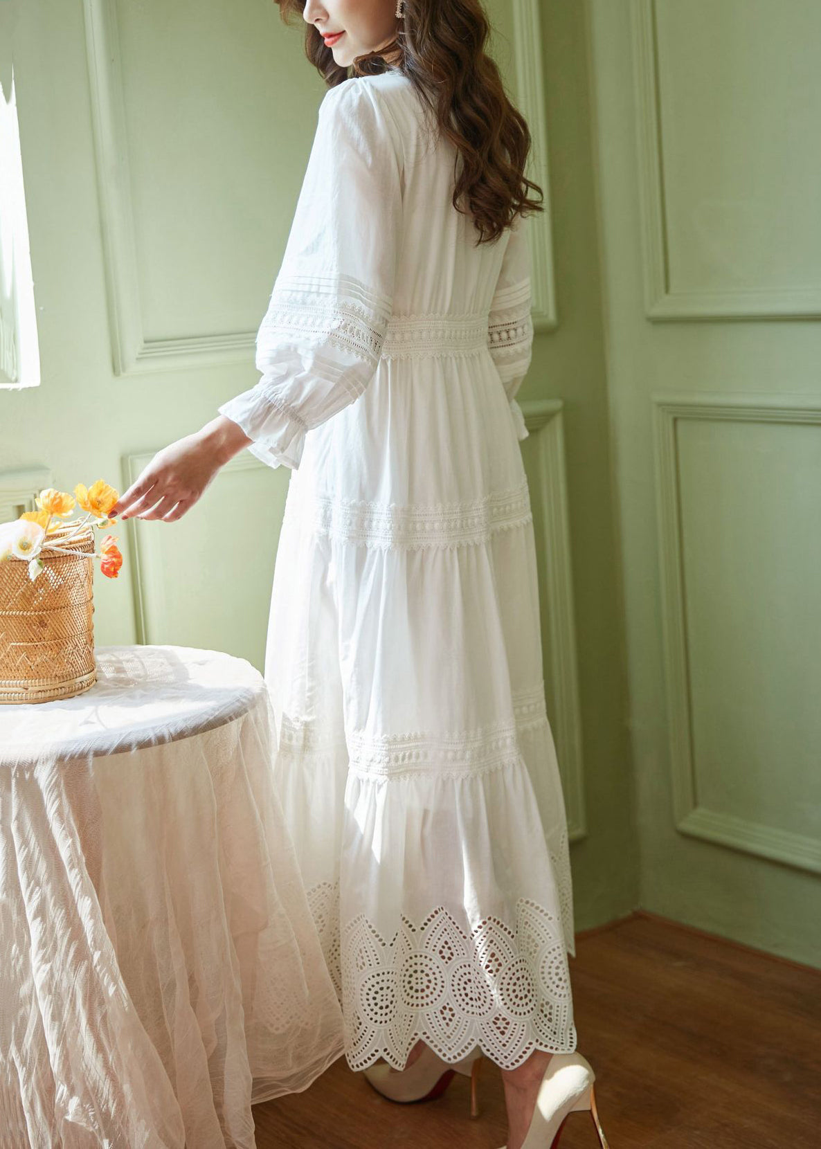 White V Neck Hollow Out Cotton Dresses Butterfly Sleeve