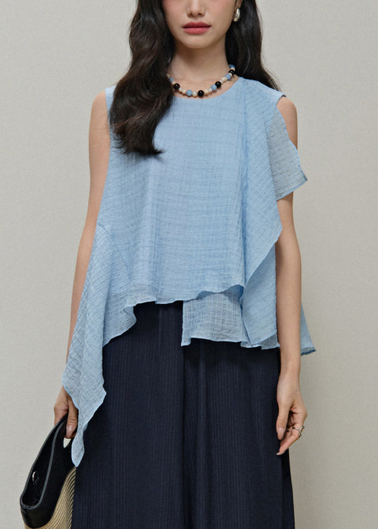 New Light Blue Asymmetrical Cotton Top Sleeveless