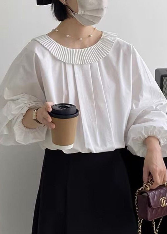 White Ruffled Patchwork Shirt Batwing Sleeve