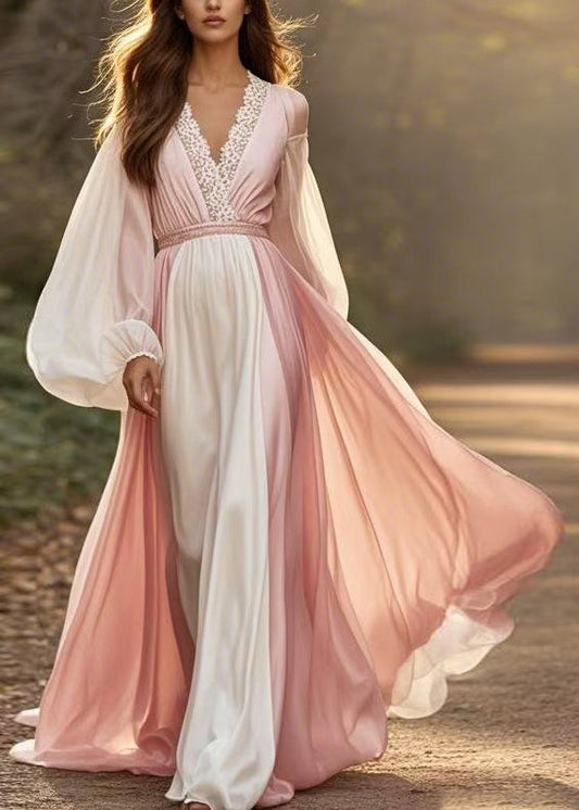 Colorblock V Neck Patchwork Chiffon Dress Lantern Sleeve
