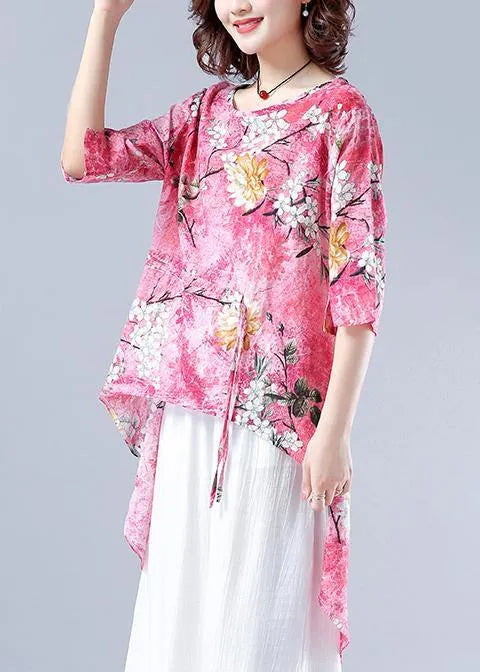 Classy Pink Plant Printing Clothes for O Neck Asymmetric Tops