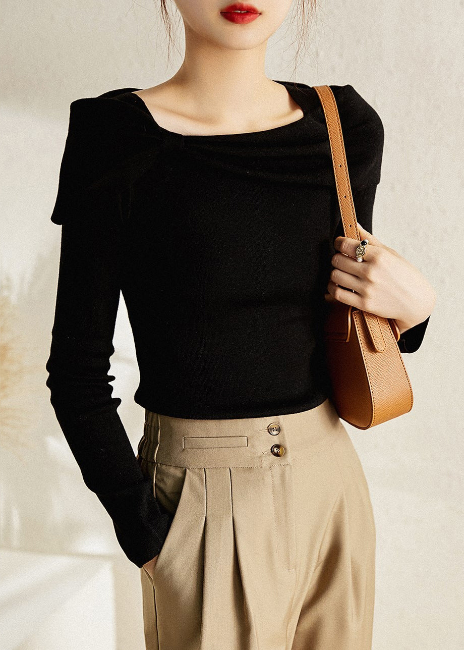 White Square Collar Bow Cotton Knit Tops Fall