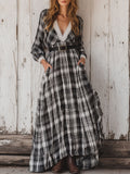 Western Retro Black And White Plaid Lace Long Sleeve Maxi Dress