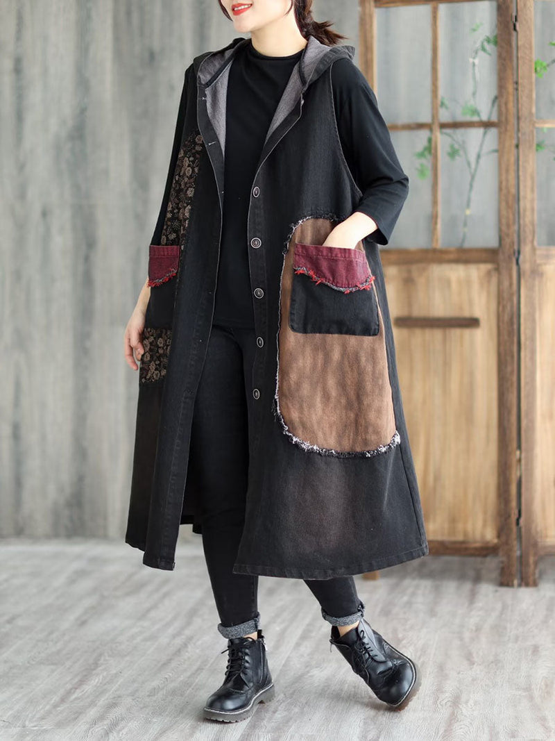 Patchwork Button Pocket Hooded Denim Vest