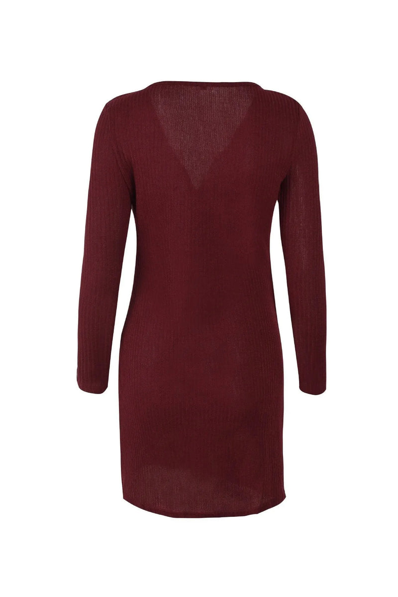Color V Neck Wrap Sweater Dress