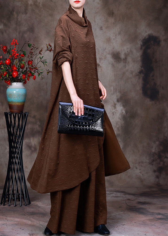Coffee Turtleneck Low High Design Silk Top and Wide Leg Pants Two Piece Set Fall