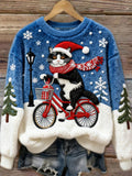 Christmas Bicycle Cat Women's Cozy Plush Sweater elevenforest