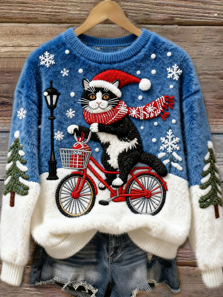 Comstylish Christmas Bicycle Cat Women's Cozy Plush Sweater